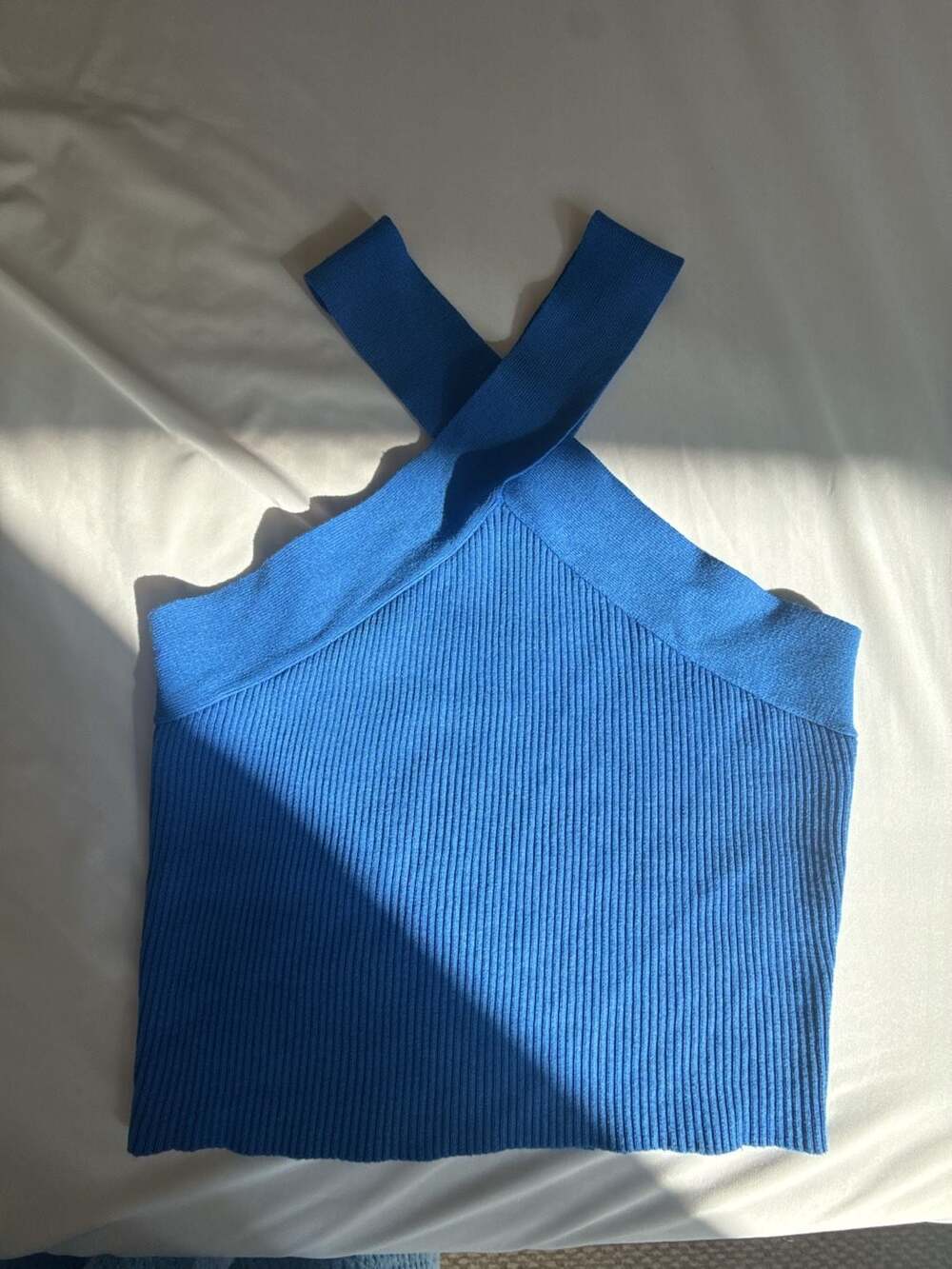 The Work Shop Blue Ribbed Knit Criss Cross Halter Tank Top Size M